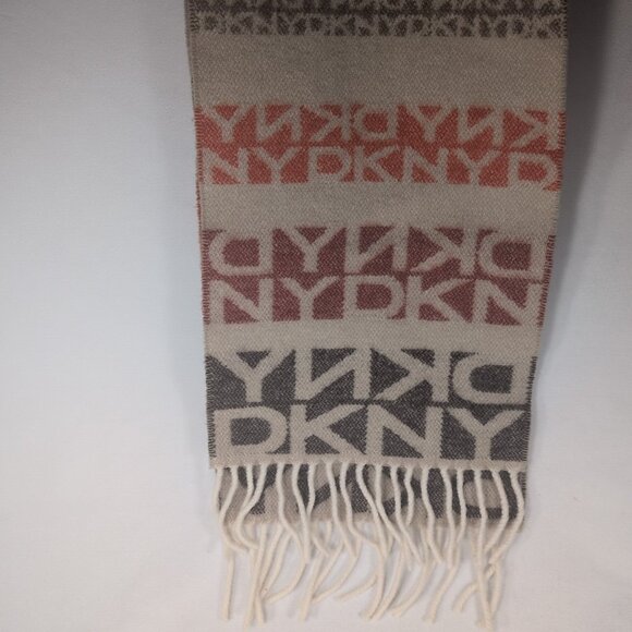 DKNY Wool Scarf Beige Brown Red Rectangle Rectangular Fringe Monogram Unisex O/S - Picture 7 of 9